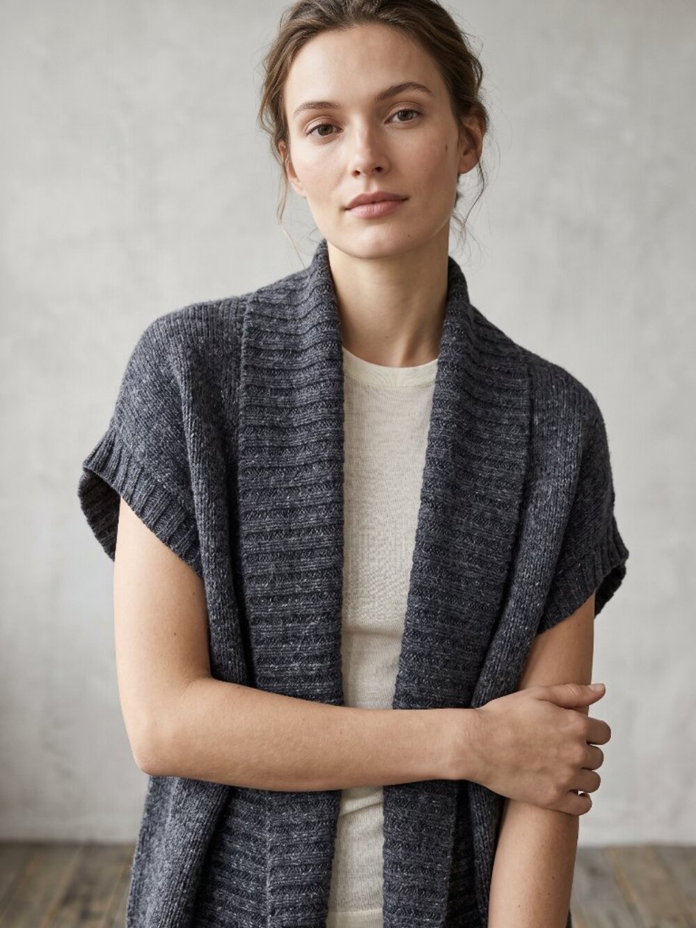 Lafayette 148 New York Chunky Knit Short Sleeve Cardigan Vest Gray Wool Blend M
